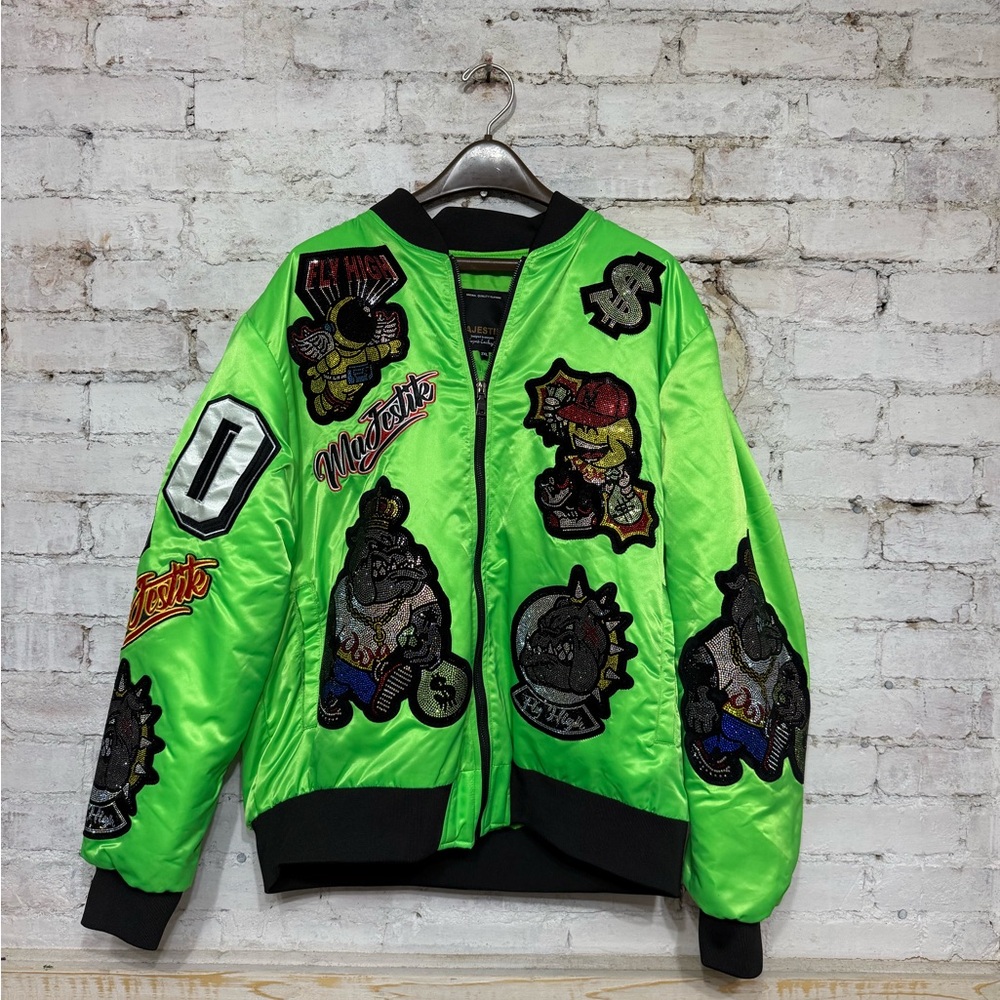 Majestik Clothing NY- Green Bomber Jacket with Patches